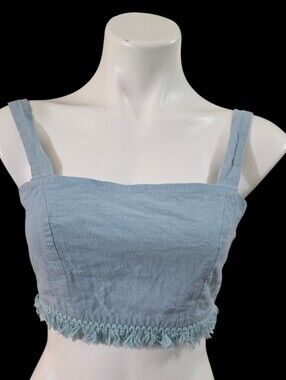Blue Blush Light Blue Cropped Tank with Fringe Trim 100% Cotton Shell